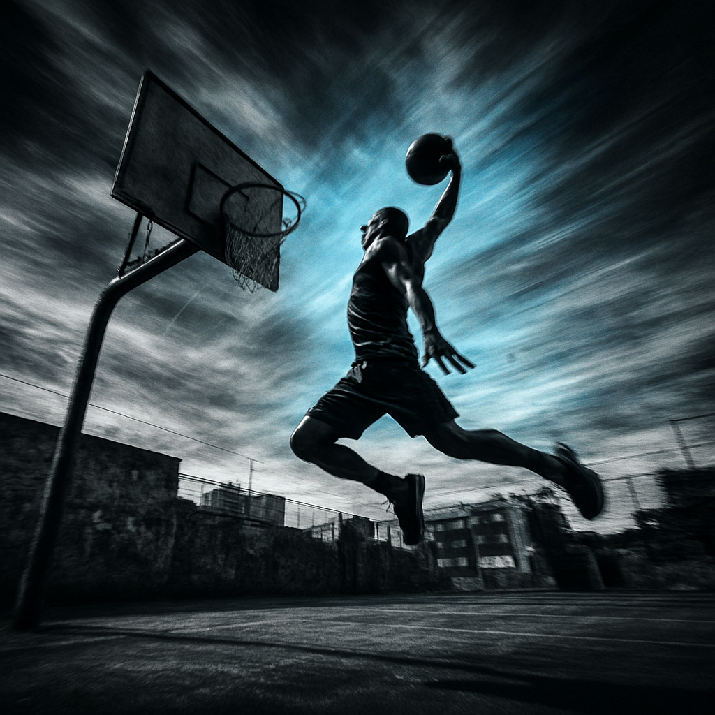 Jugador de baloncesto argentino en pleno vuelo